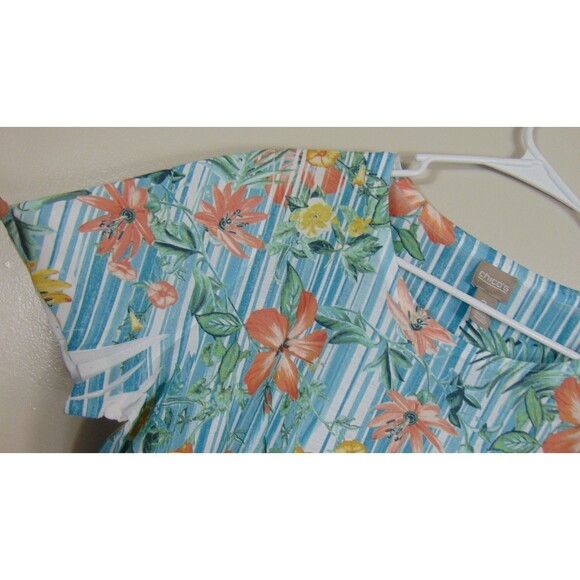Chicos Size 2 Blue Floral Striped Top Womens Summer Large 12 Casual Resort - Picture 4 of 11